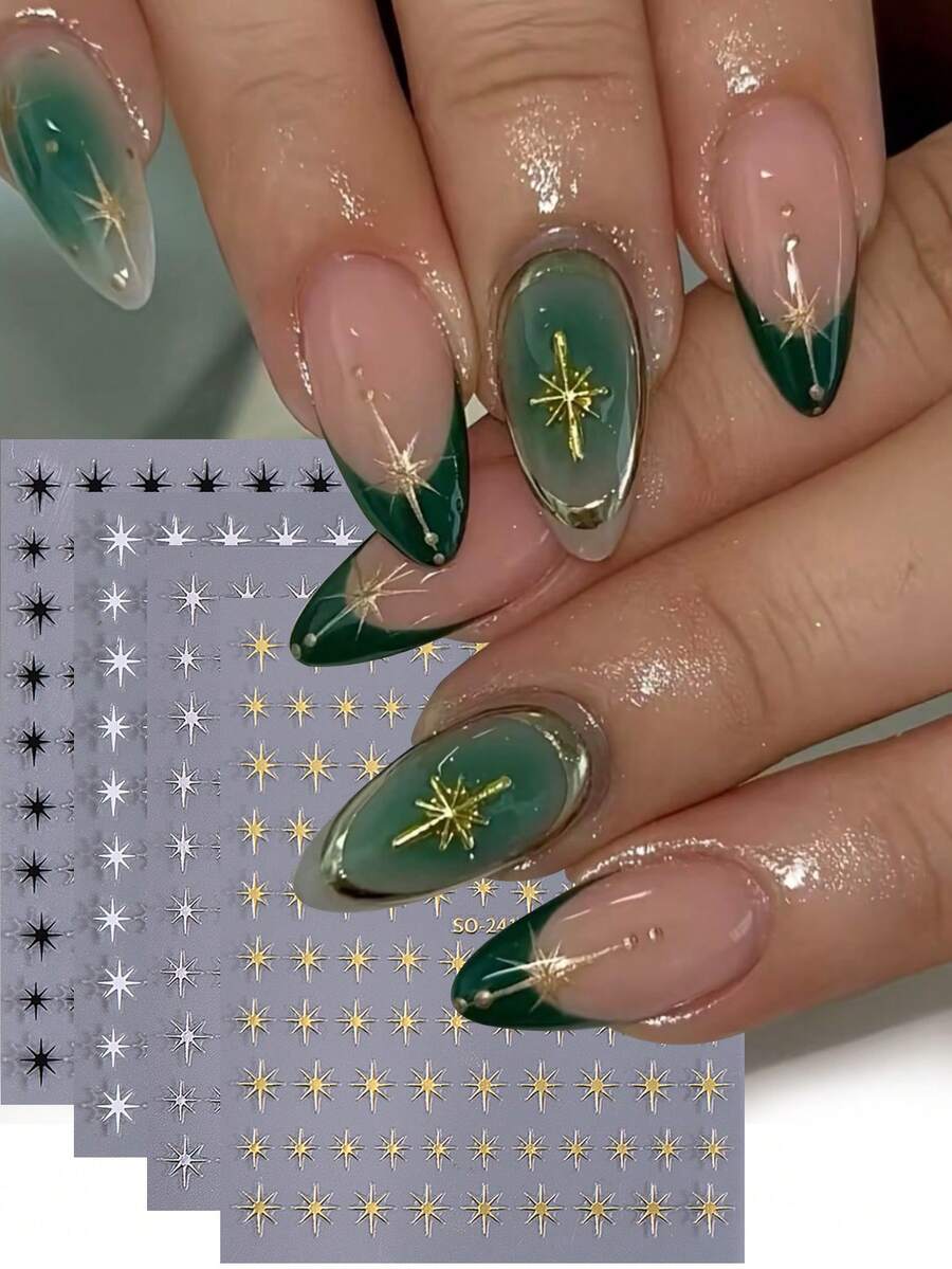 4片装3D星空美甲贴纸，金色、银色、黑色和白色星形美甲贴花，3D自粘Y2K哥特风美甲设计DIY美甲装饰配件 - 彩色 - 查看 1