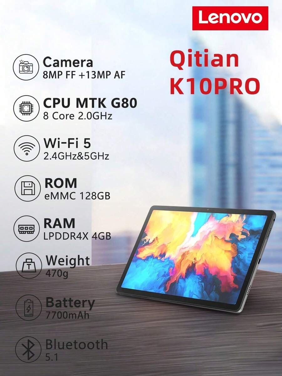 Lenovo 奇天K10pro平板电脑，支持WiFi，搭载Android 13系统，4GB内存+128GB存储空间，联发科G80处理器，10.61英寸2K显示屏（2000*1200分辨率），IPS面板，800万像素+1300万像素双摄像头，支持802.11ac无线网络、WiFi 5.0和蓝牙5.0，7700mAh电池，TB223FC芯片，支持1TB SD卡扩展，不含适配器。