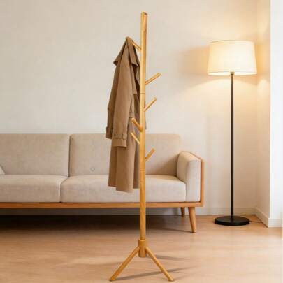 Porte-manteau autoportant en bois naturel , Trépied stable en forme d'arbre pour chambre à coucher et entrée , Étagère de rangement minimaliste en bois avec 8 crochets, convient pour accrocher manteaux, écharpes, sacs, chapeaux dans la chambre à coucher, l'entrée, le salon