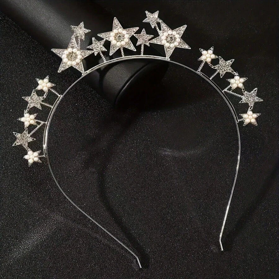 1pc Fashionable And Luxurious Simple Zinc Alloy Headband With Inlaid Rhinestone Stars And Pentagrams, Festive Celebration Hair Accessory, Fashionable Crown Headpiece - bạc - Xem 1