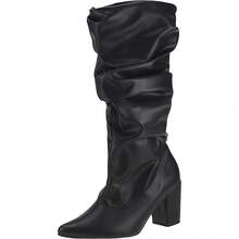 Women's Square Toe High Heel Ankle Boot, Thick Contour, Mid-Calf, Comfortable, Zipper, Black Faux Vintage Elegant Women's Boots - 黑色 - 查看 1