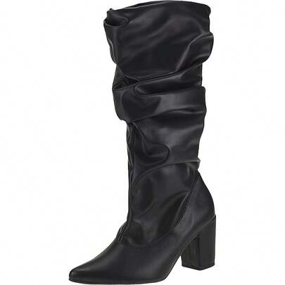 Bota Feminina Cano Longo Enrugado Salto Bloco Bico Fino Confortável Original