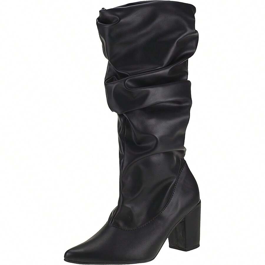 Women's Square Toe High Heel Ankle Boot, Thick Contour, Mid-Calf, Comfortable, Zipper, Black Faux Vintage Elegant Women's Boots - 黑色 - 查看 1