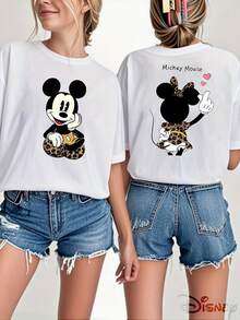 Disney Classic Mickey And Minnie Couple Design With Front And Back Prints, Featuring A Black And Golden Vintage Leopard Print Style. This Women'S Casual Round-Neck T-Shirt Is A New Addition For Spring And Summer, Recommended For Disney Fans - trắng - Xem 1