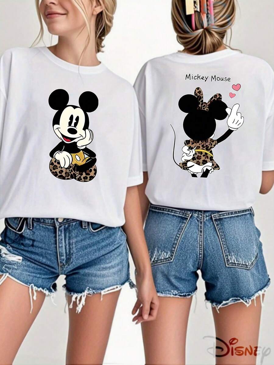 Disney Classic Mickey And Minnie Couple Design With Front And Back Prints, Featuring A Black And Golden Vintage Leopard Print Style. This Women'S Casual Round-Neck T-Shirt Is A New Addition For Spring And Summer, Recommended For Disney Fans - trắng - Xem 1