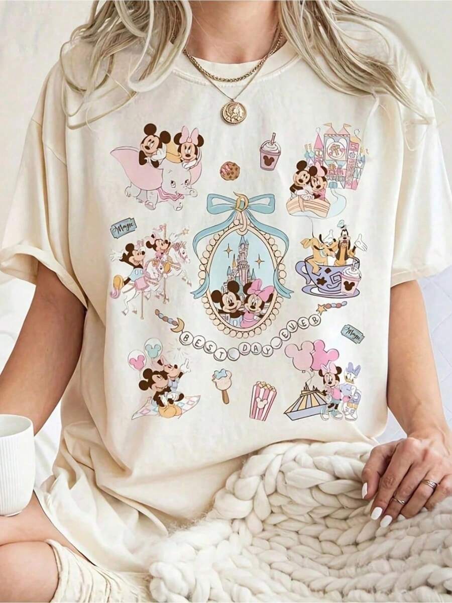 Disney Mickey And Minnie Mouse With Princess Design And Tea - White T-Shirt - Casual Style, 100% Pure Graphic T-Shirt, Round Neck, Short Sleeve, Soft And Comfortable, Urban Fashion For All Seasons, Casual Wear | Round Neck T-Shirt - 白色 - 查看 1