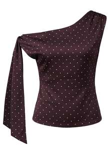 Women Tank Tops Off One Shoulder Sleeveless Dot Print Ruched Summer Crop Going Out Vest - Brown - View 6