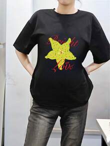 女士圆领短袖T恤，夏季新款五角星图案字母印花，时尚休闲百搭宽松上衣 - 黑色 - 查看 2