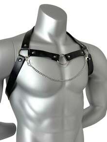 1pc Men's PU Leather Chest Harness Belt Body Bondage Chest Chain Punk Goth Clothing Rave Party Accessories - Black - View 2