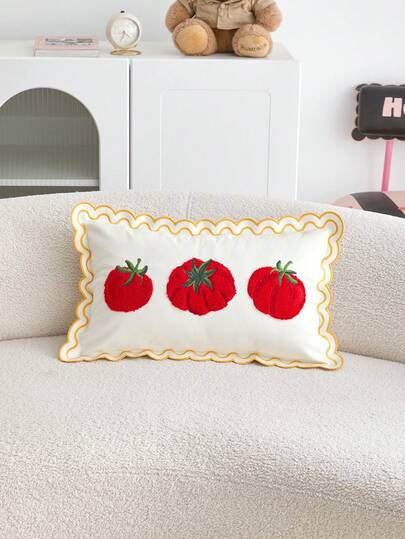 1件春夏魅力3D波浪宽边番茄刺绣装饰抱枕套，家居装饰，适用于客厅、卧室、沙发及各种环境