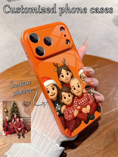 1pc Customized Photo To Cartoon Figure, Premium Orange Luxury Large View Window Tempered Glass With Lens Protection Matte Anti-Drop Phone Case For IPhone 17/17Pro/17ProMax/17Air/16/16Pro/16ProMax/16Plus/15/15Plus/15Pro/15ProMax/14/14Plus/14Pro/14ProMax/13/13Pro/13ProMax/12/11, Suitable For Couples, Friends, Family, Pets Customized Full Coverage Premium Protective Cover