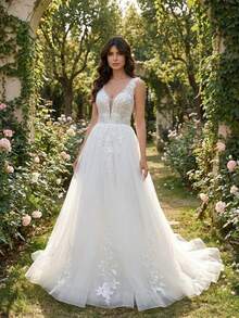 YOUKEFEIER 2025新款法式轻盈婚纱，深V领珠饰露背收腰修身拖尾新娘礼服，简约优雅户外写真礼服，蕾丝雪纺可拆卸长拖尾 - 米色 - 查看 4