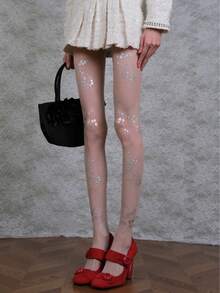 1 Pair Women's Silver Foil Printed Pantyhose, Thin Sexy Tight Summer Stockings, Fashion Versatile For Daily Wear - Apricot - View 3