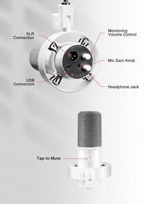 FIFINE K688 白色（全球版）XLR 动圈麦克风，适用于录音棚、USB 电脑直播和录音，带静音按钮和增益旋钮，支持耳机监听。 - 查看 4