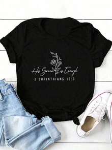 Camiseta de manga corta con cuello redondo, top casual para primavera/verano, negra, para vacaciones. - Negro - Ver 6