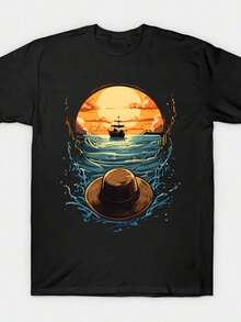 1 pièce T-shirt One Piece, design tendance, imprimé anime, coton rétro, col rond, manches courtes pour homme, 180g, 100% coton, tee-shirt graphique - Noir - Voir 6
