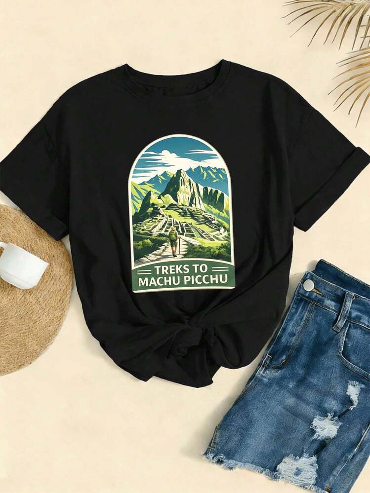 Machu Picchu Graphic Tee For Women Spring 100% Cotton Relaxed Fit Street Hip Hop Breathable - 黑色 - 查看 2