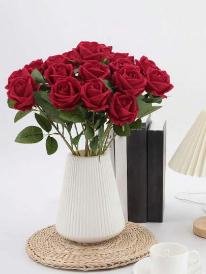 1朵人造玫瑰花，适用于情人节、家居装饰、婚礼装饰，高档缎面玫瑰花