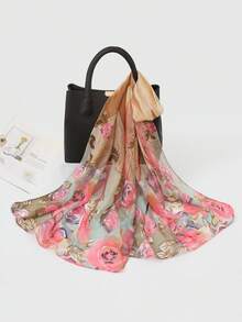 1pc Women's Printed Chiffon Lightweight Scarf, Fashionable Elegant Decorative Shawl Wrap For Travel, Photo Shoot - Grey - View 8