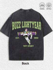 Disney-American Retro Washed Vintage Buzz Lightyear Printed Short Sleeved T-Shirt | TOY STORY Themed Loose Shoulder Half Sleeved Top - 黑色 - 查看 3