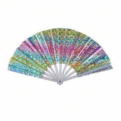 PVC Iridescent Kung Fu Fan, Fluorescent Plastic Folding Fan, Reflective Colorful Laser Fan, European And American Style Bar Fan, Glitter Fan