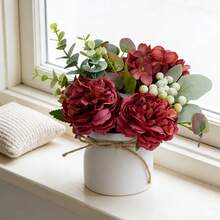 1pc Artificial Burgundy Peony Hydrangea Potted Plant - Vintage DIY Decor | Approx. 8.6 Inches Incl. Jute Rope & White Pot | Perfect For Living Room, Dining Room, Entryway, Study, Office Decor, Maintenance-Free With Long-Lasting Fresh Feel, Versatile For Daily And Holiday Decoration - Merah - View 3