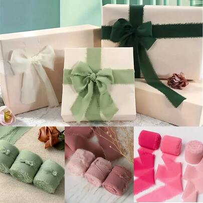 3卷16.4码粉色雪纺丝带，手工毛边丝带，适用于婚礼请柬、礼品包装、新娘捧花、生日派对装饰，ins风破边雪纺丝带，干玫瑰色婚礼花束丝带，捧花缎带装饰