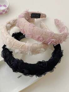 1pc Women's Lace Flower Embroidered Padded Headband, Sweet Floral Boho Style Pink Headband Hairband Hair Hoop - Multicolor - View 2