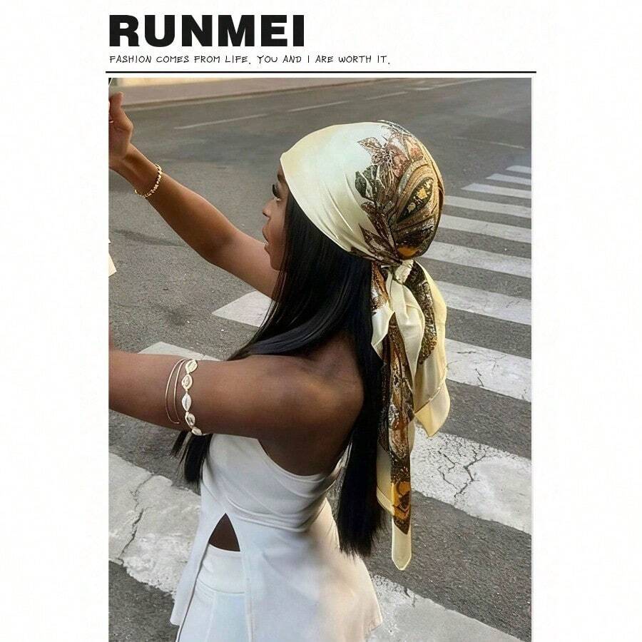 1pc Minimalist Printed Satin Scarf, New Spring Fashion Accessory Scarf, Suitable For Women, Can Be Used As A Waistband, Bag Decoration, Ribbon, Headband Or Scarf, An Ideal Choice To Enhance Your Overall Look. - 米色-1 - 查看 1