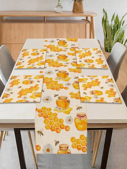 1条蜜蜂图案桌旗，4个蜜蜂图案餐垫，适用于节日、派对、生日、晚宴、厨房和餐厅装饰，四季皆宜，家用纺织品装饰桌旗