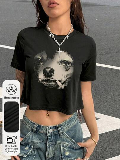 女士日常吸烟吉娃娃图案圆领短袖休闲夏季女式上衣，复古Y2K图案时尚百搭女士黑色露脐T恤