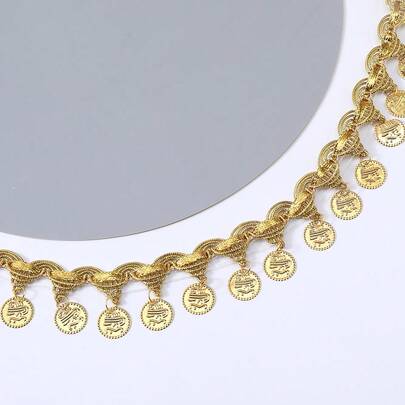 Dây tua rua đính kim sa hình đồng xu vàng dài 5 thước, mặt dây chuyền, ren tua rua rộng 1,4 inch, ruy băng ren đính kim sa dùng cho váy khiêu vũ, thắt lưng, trang phục, quần áo, phụ kiện dự tiệc.