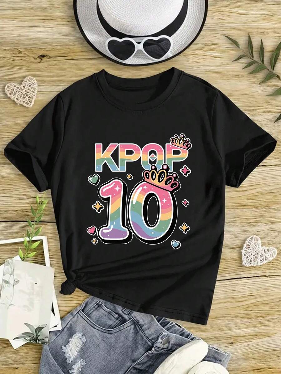 Camiseta Cómoda y Versátil con Estampado Digital Creativo de Niña Linda - Negro - Ver 1