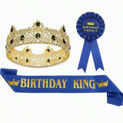 3件套生日星形套装 | 皇冠+绶带+胸针，黑金/宝蓝配色可选，派对拍照道具