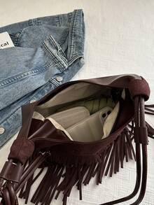 1 Stück neue Wildleder matte Damen Umhängetasche, modische Quasten Umhängetasche, retro Große Kapazität matte Halbmond Tasche, Pendler & Lässig vielseitige Umhängetasche, Kontrastfarbener Reißverschluss, verstellbarer Riemen, geeignet für Ausflüge, Dates, Einkaufen, Arbeit, Geschäft, Reisen, Geschenk - Kaffeebraun - Übersicht 5