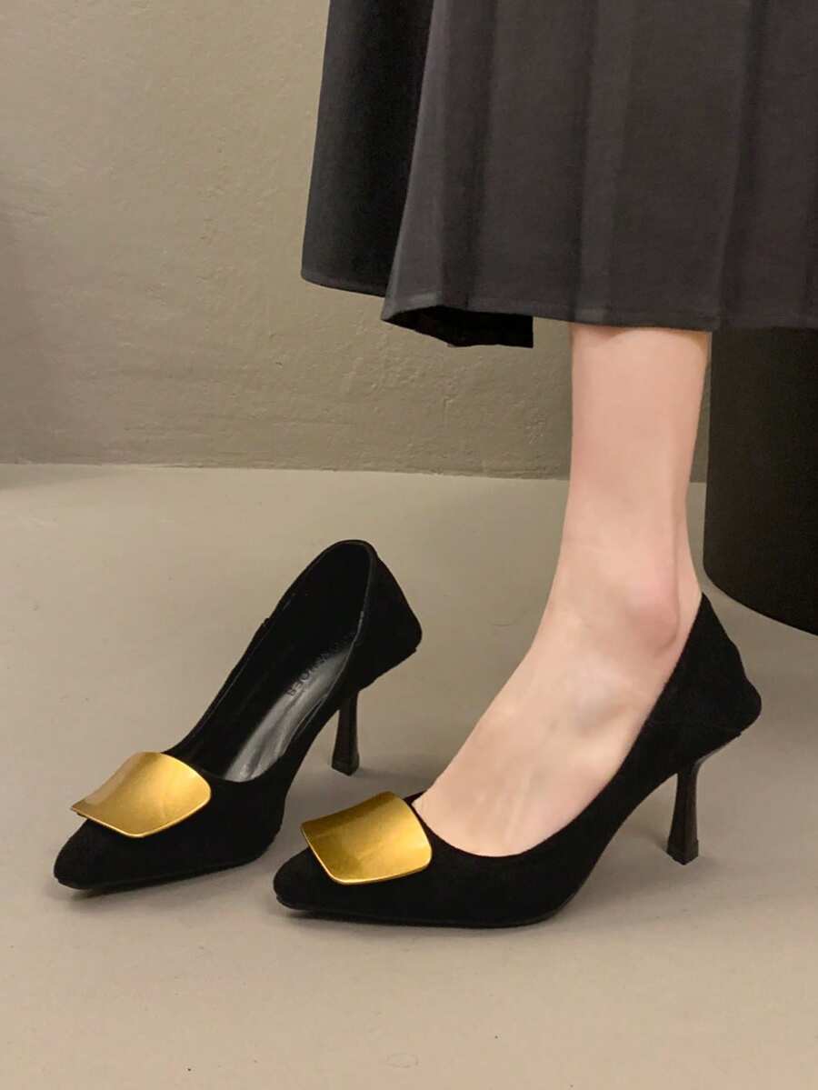 法国麂皮金属方扣尖头细高跟鞋，拉长显瘦，适合通勤 - 黑色 - 查看 1