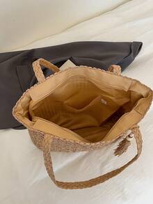 夏季草编沙滩包，大容量手提包，购物篮，手提包，度假风，简约百搭，多口袋女包，适合搭配连衣裙，购物，旅行，收纳，藤编包 - 卡其色 - 查看 8