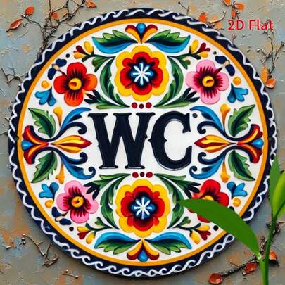 1pc 2D Flat - Vintage Style 2D Flat Sign, Suitable For Bathroom, Featuring Vibrant Floral Design And Prominent "WC" Letter, Size: 19.81cm. This Durable Wall Art Piece Is Suitable For Home, Office, Cafe Or Garage Use, And Easy To Install With Pre-Drilled Holes As Shown In Size Chart