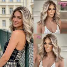 13x4 Lace Front Wig, Gradient Brown To Golden Wavy Synthetic Hair, Seamless Hairline, Pre-Plucked - Multicolor - View 13