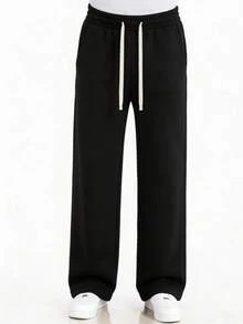 Men's Solid Color Drawstring Straight Leg Sweatpants, Loose Casual Sports Jogger Trousers For Outdoor Daily Wear, Ideal Holiday & Boyfriend Gift - Black - View 3