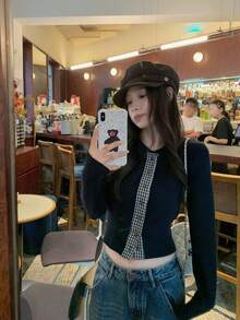 Vintage Plaid Patchwork 2-In-1 Knitted Cardigan, Women Round Neck Long Sleeve Top, Early Spring - Navy Blue - View 2