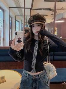 Vintage Plaid Patchwork 2-In-1 Knitted Cardigan, Women Round Neck Long Sleeve Top, Early Spring - Navy Blue - View 4