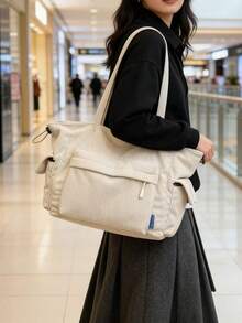 女士灯芯绒手提包，大容量单肩包，多口袋设计，休闲通勤上学旅行手提包 - 白色 - 查看 2