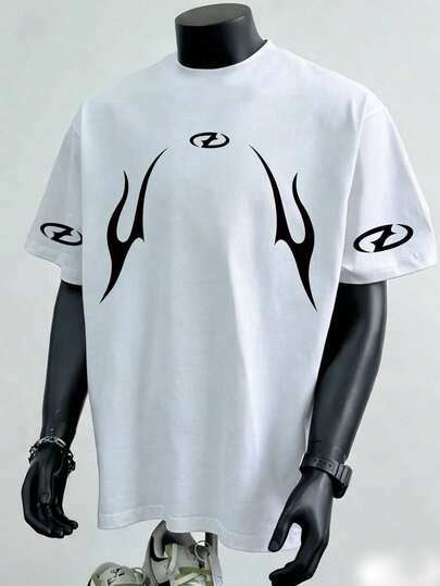 Minimalist Totem Print Short Sleeve T-Shirt, Loose Casual Shirt, Fashion Round Neck Design, Suitable For Spring, Summer And Autumn Casual Wear. Also An Excellent Holiday Gift. T-Shirt, Men's Clothing, Men's Graphic Tee, Retro T-Shirt, Crew Neck, Comfortable Fit, Autumn/Winter Wear, Daily Wear