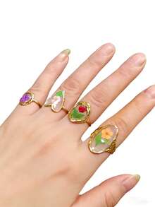 New Handmade Dried Flower Oil Drop Ring, Creative Stainless Steel Oval Heart Shaped Dried Flower Handmade Oil Drop Open Ring, Sweet Cute Everlasting Flower Ring For Women, Non-Fading - Multicolor - View 3