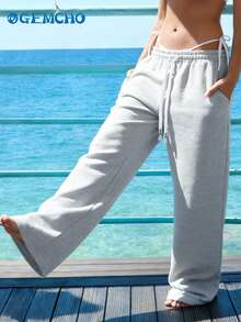 GEMCHO Women's Polyester Casual Pants With Pockets, Knit Fabric With Slight Stretch, Casual, Running, Jogging Pants, Gym Wear, All Season Long Pants - Silver - View 5