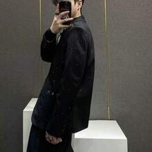 Brooch Hanging Chain Design, Light Luxury, Starry Sky Hot Stamping, Fine Sparkling Suit, Men's High-End Sense, Cool And Stylish Shoulder Pad Suit Jacket - màu đen - Xem 3