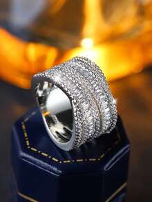 优雅圆形交叉合成立方氧化锆几何戒指，女士派对、订婚珠宝 - 白色 - 查看 4