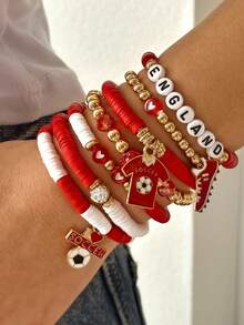7件套时尚足球主题弹力手链，多层叠戴软陶珠手链，男女皆宜 - 英格蘭 - 查看 2