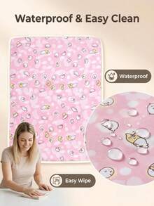 TDHD 1pc Cartoon Print Diamond Velvet Waterproof Breathable Reusable Baby Diaper Changing Pad, Suitable For Daily Care - Pink - View 3